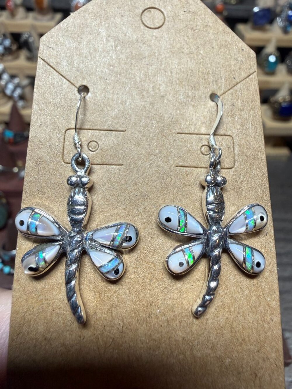 Sterling silver dragonfly dangle inlay earrings